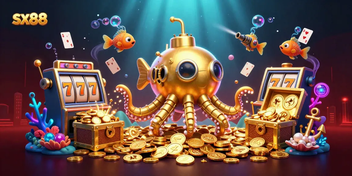 Engaging sx88 casino scene with a golden kraken submarine and vibrant game elements