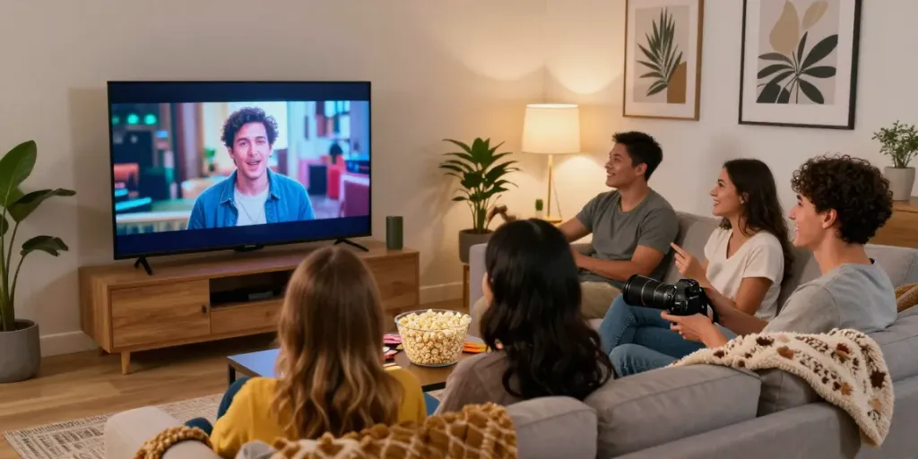 Friends enjoying a movie night with idlix streaming on a large TV