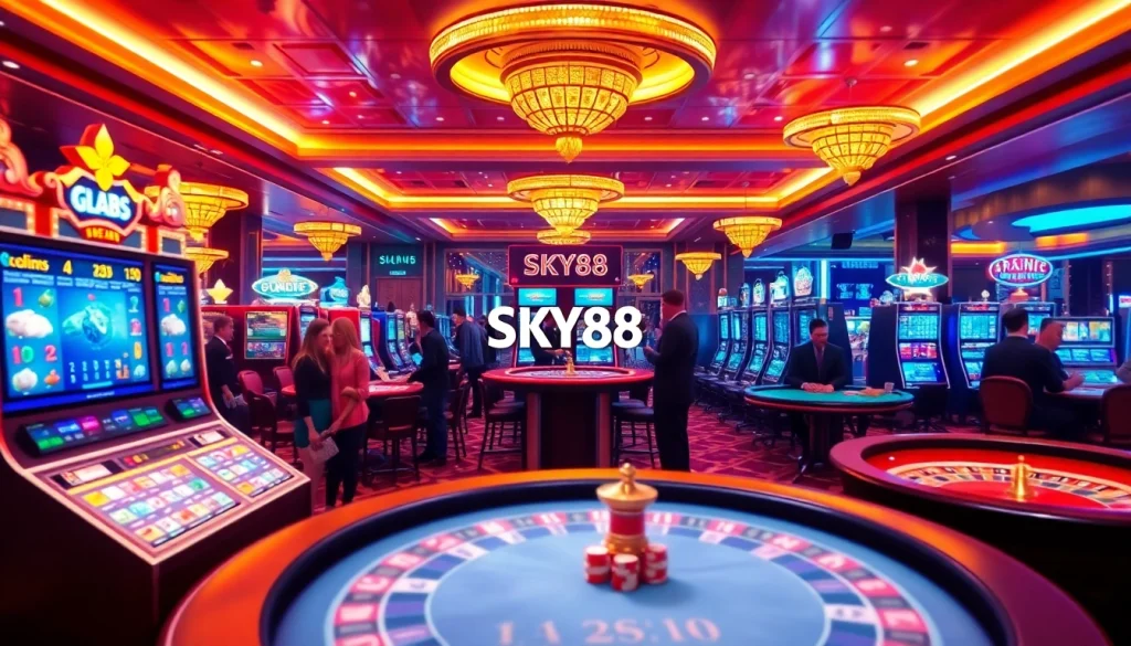 Experience thrilling casino action at SKY88 with vibrant slot machines and engaged players.