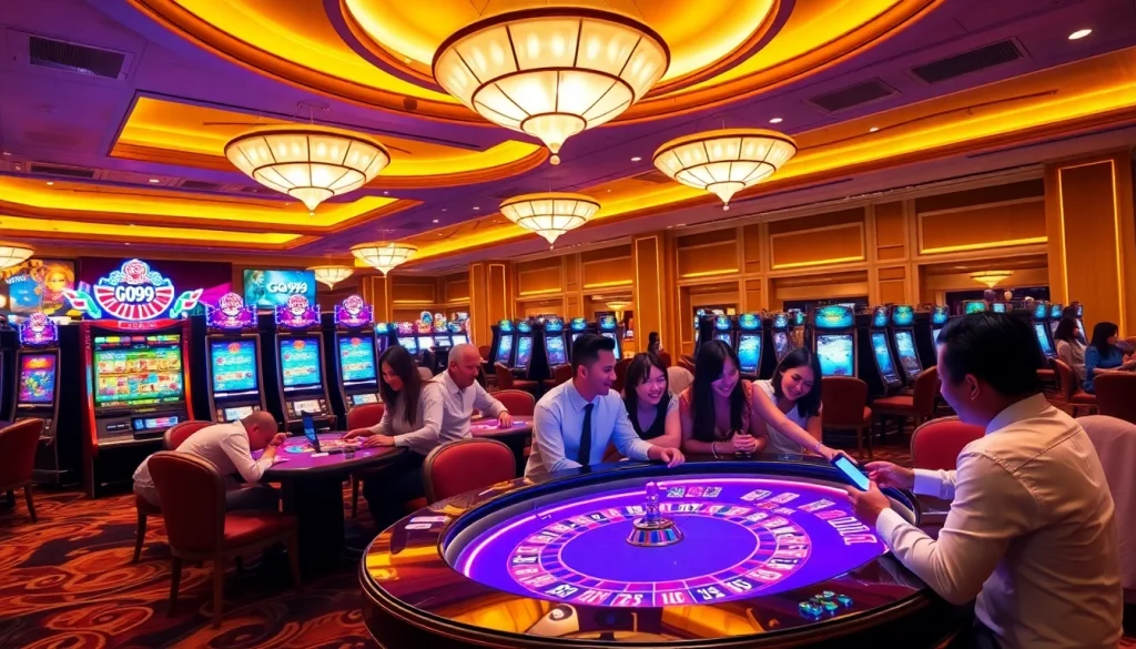 Go99 players enjoying an immersive casino experience with vibrant slot machines and roulette tables.