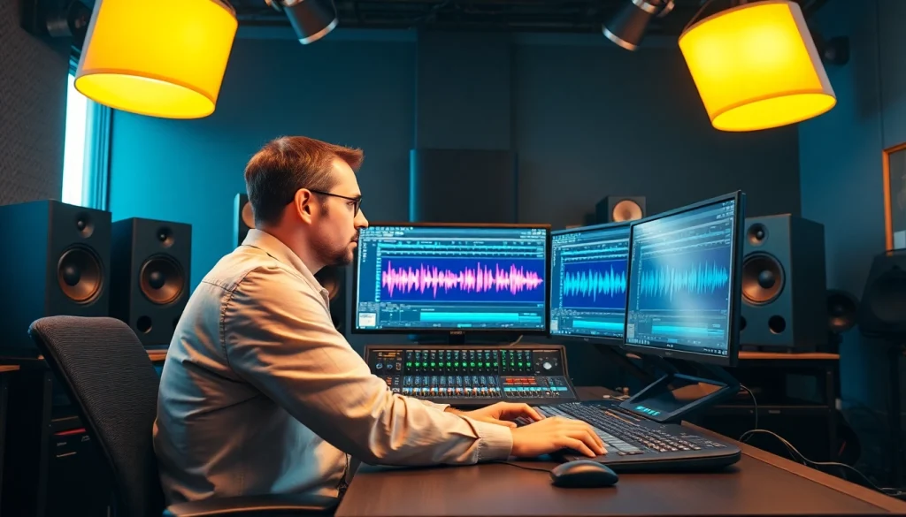 Engaging in online audio mastering, an engineer expertly mixes tracks in a vibrant studio.