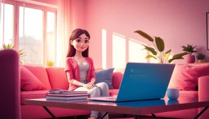 AI girlfriend character in a cozy living room, illustrating companionship and tech interaction.