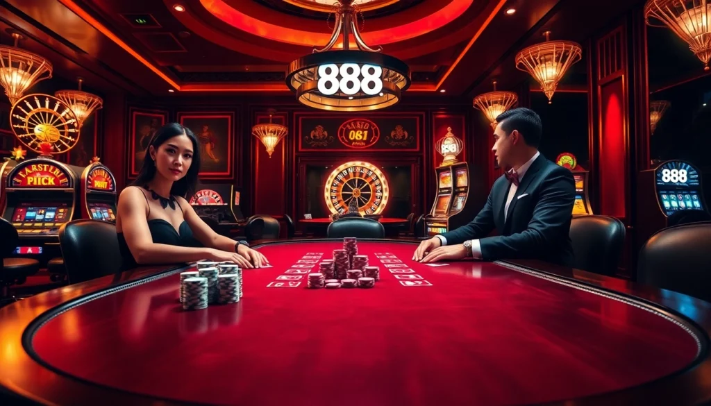 Poker players engage in high-stakes gameplay at an elegant casino table, showcasing 888b excitement.