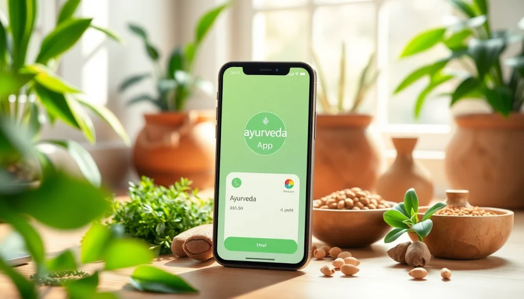Showcasing the Ayurveda Mobile App on a smartphone amidst natural herbs, promoting wellness.