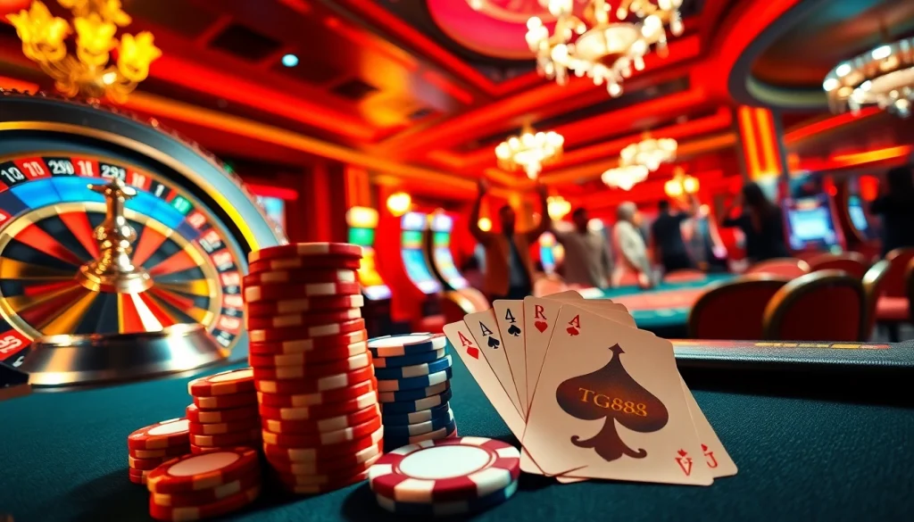 Experience thrilling gameplay at TG88 casino with vibrant chips and illuminated tables.