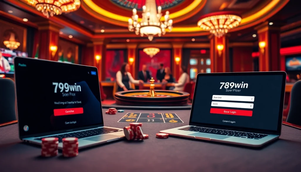Securely logging into 789win with vibrant casino elements and an engaging atmosphere.