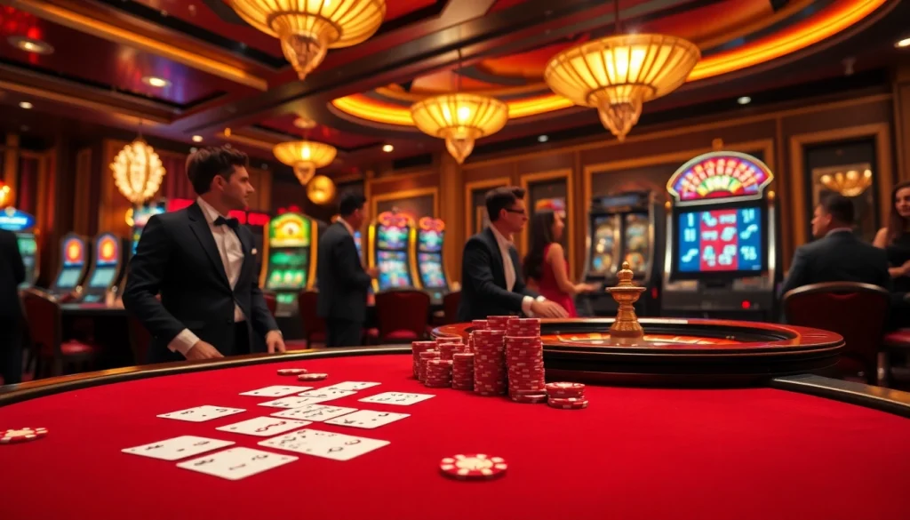 Players winning big at MMOO with poker chips and cards in a luxurious casino setting.