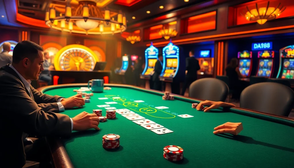Intense gambling action at a poker table with DA88's winning strategies on display.