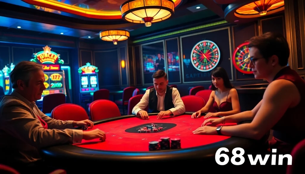 High-stakes poker at 68win casino, showcasing excited players and vibrant gaming atmosphere.