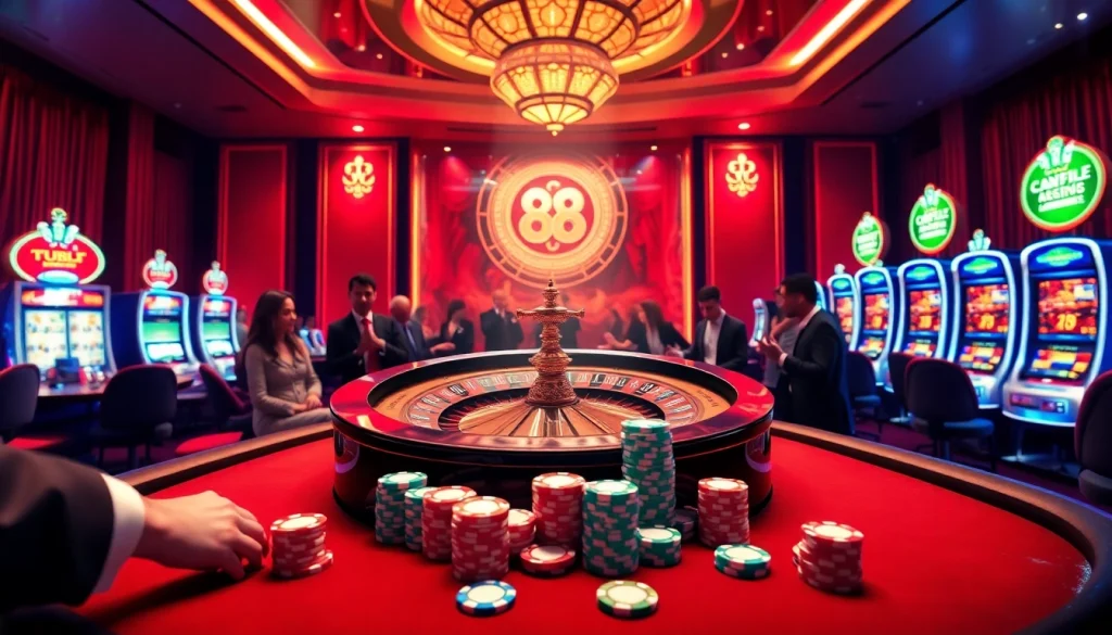 Join the excitement at Fun88 nhà cái with vibrant casino tables, roulette wheels, and bright slot machines.
