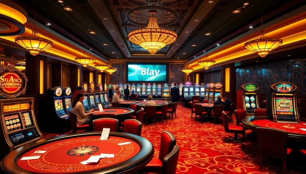 Exciting casino scene showcasing 8day.cn.com with vibrant slots and elegant poker tables.