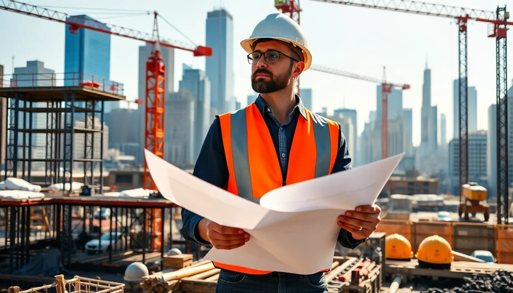 New York Construction Manager directing a bustling construction site with blueprints.