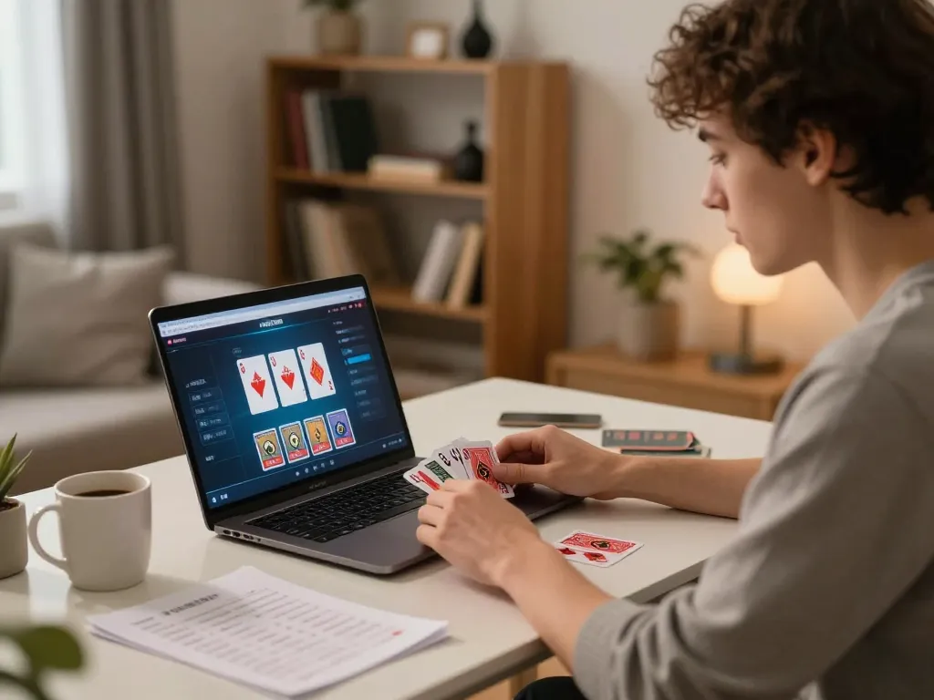 Player engaged in online blackjack at https://dn882.pro/ with strategy notes and coffee nearby, showcasing responsible gambling.