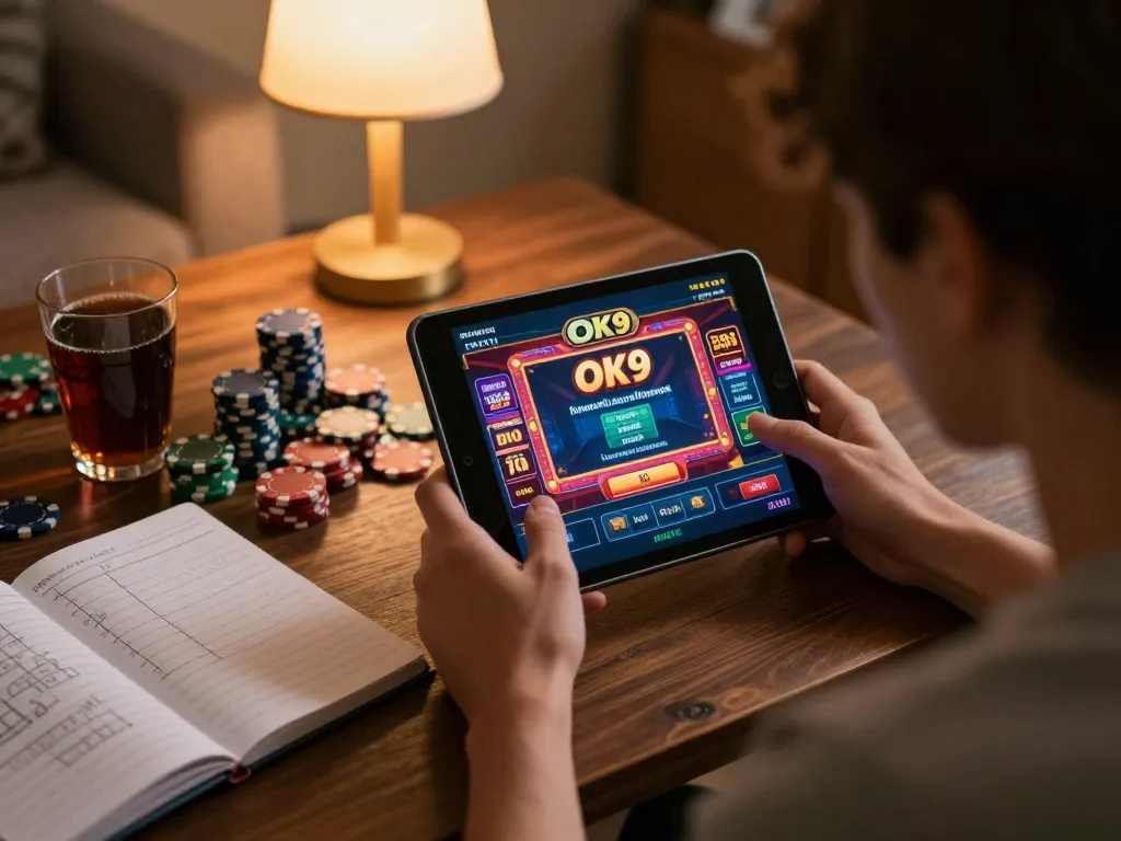 Player engaging on the OK9 app during a cozy gaming night with chips and strategy notes