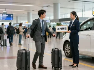 Airport taxis arriving at a busy terminal, showcasing professional drivers greeting travelers.
