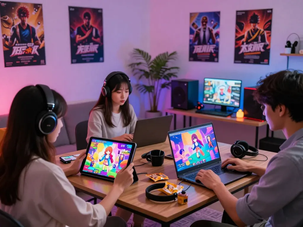 Players enjoying captivating porn games on their devices in a vibrant gaming atmosphere.