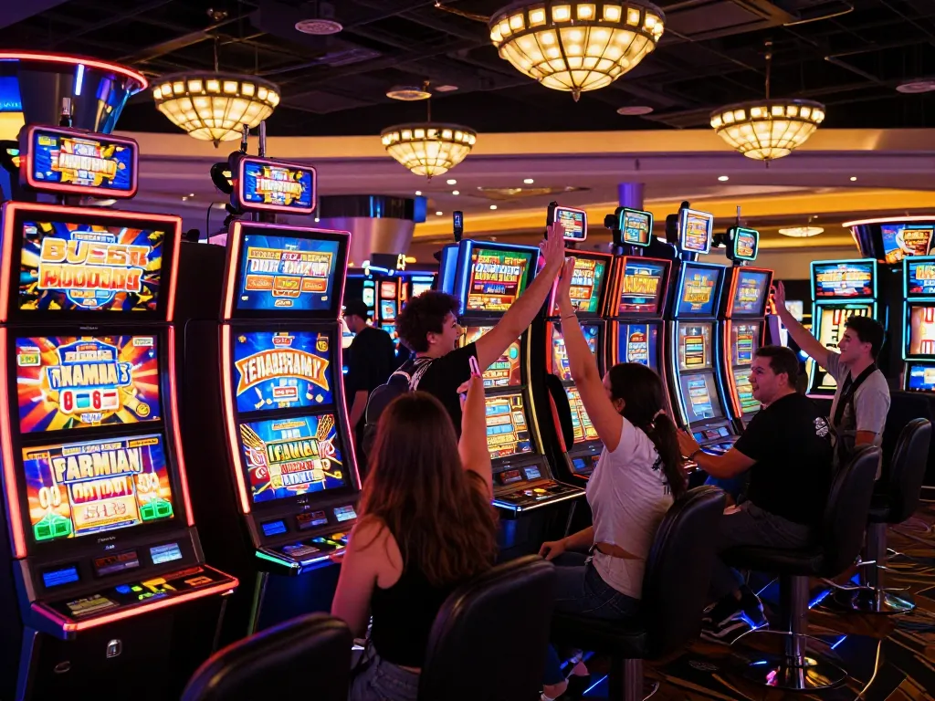 kk44 players enjoying slot machines and celebrating wins in colorful Las Vegas casino ambiance