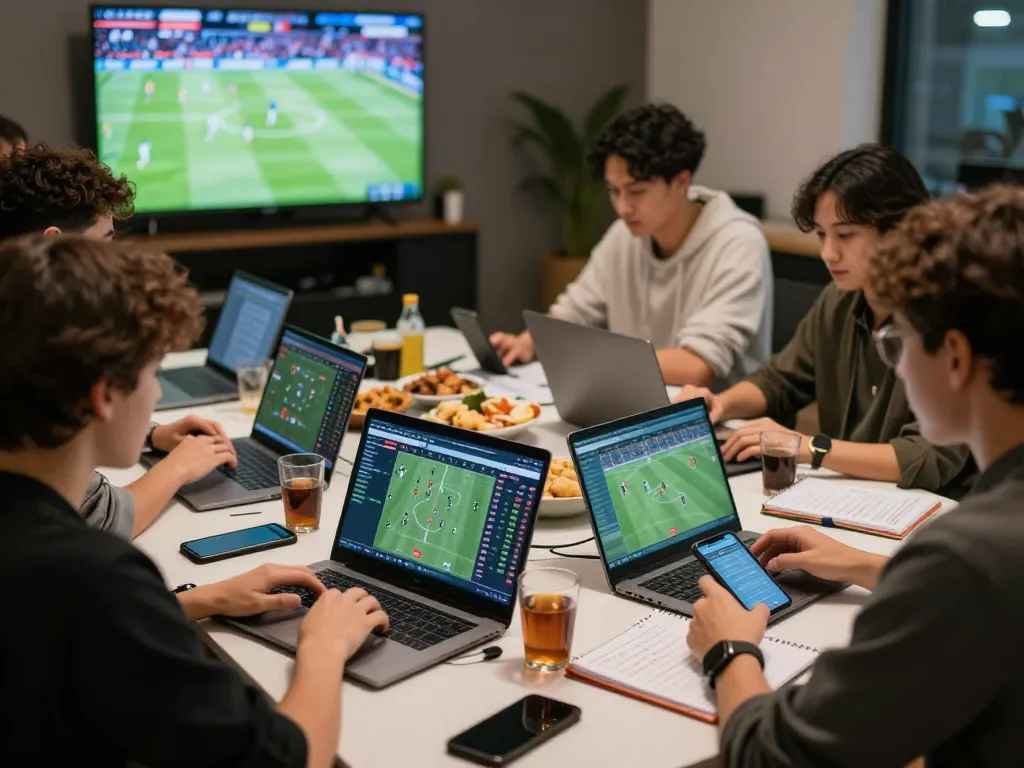 Group analyzing kèo nhà cái with laptops and live match statistics in a vibrant sports environment.