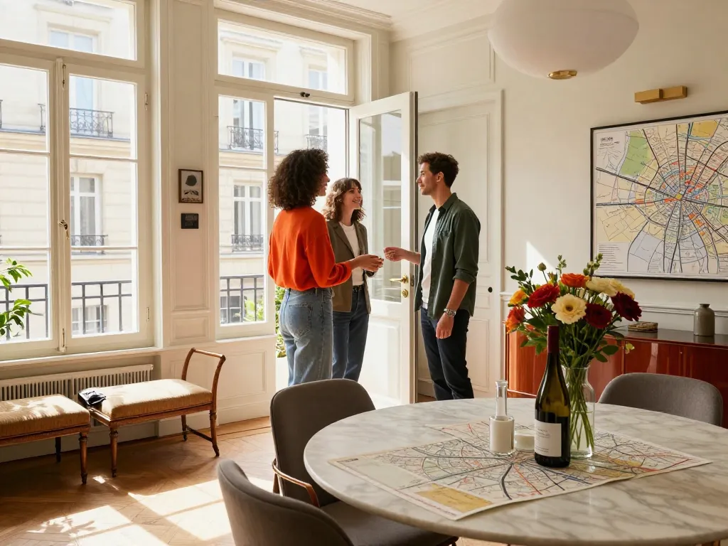 A stylish Airbnb rental in a Parisian apartment, showing the conciergerie airbnb paris experience with warm hospitality and vibrant decor.