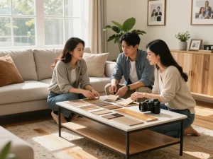 Flooring specialists near me consulting with homeowners over flooring samples in bright living room.