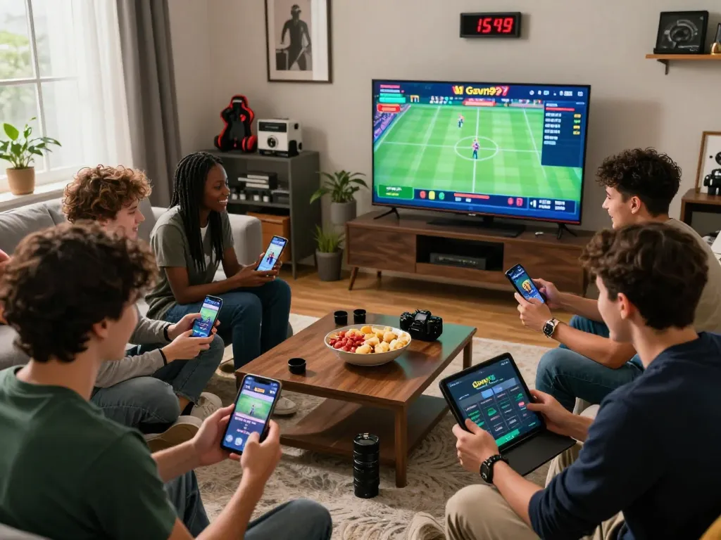 Friends enjoying a thrilling gaming session on Gavn99 in a cozy living room.