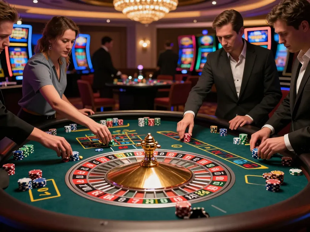 Players eagerly placing bets at a nohu roulette table, showcasing vibrant chips and thrilling casino atmosphere.