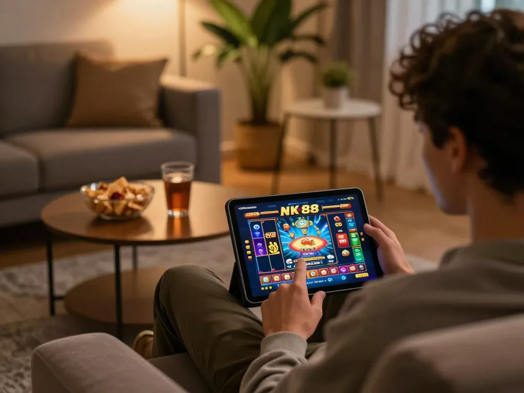 Engaged user playing on the NK 88 casino app, enjoying a lively online gaming experience