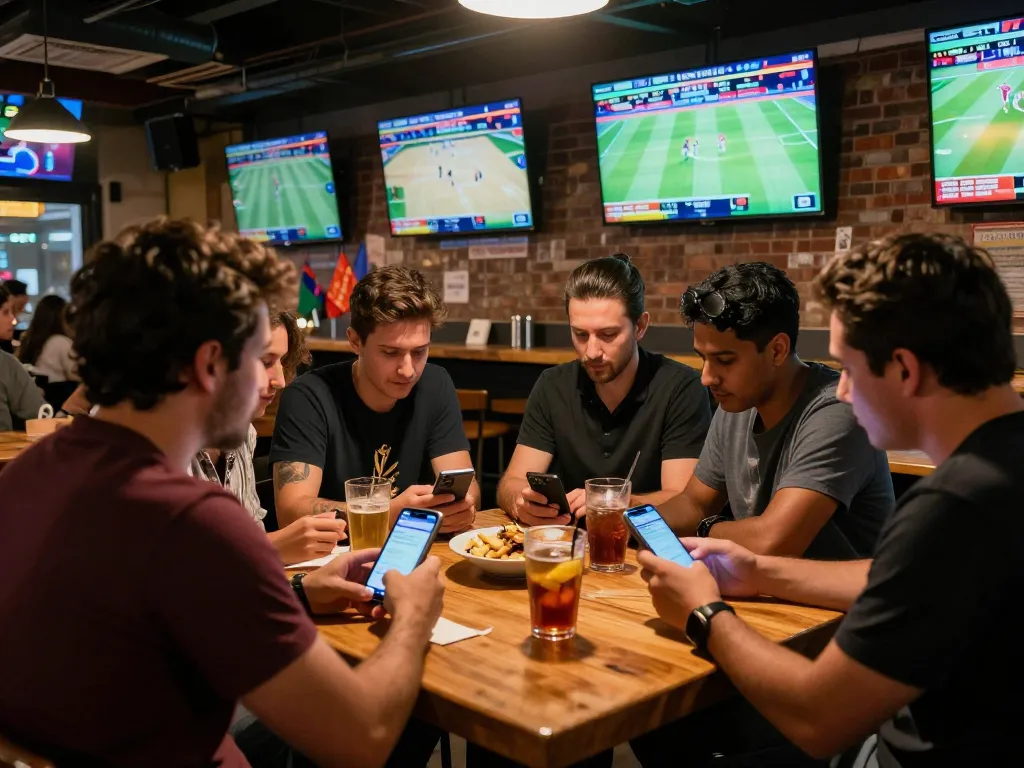 Engaged bettors placing bets on situs parlay in a vibrant sports bar during World Cup 2026.