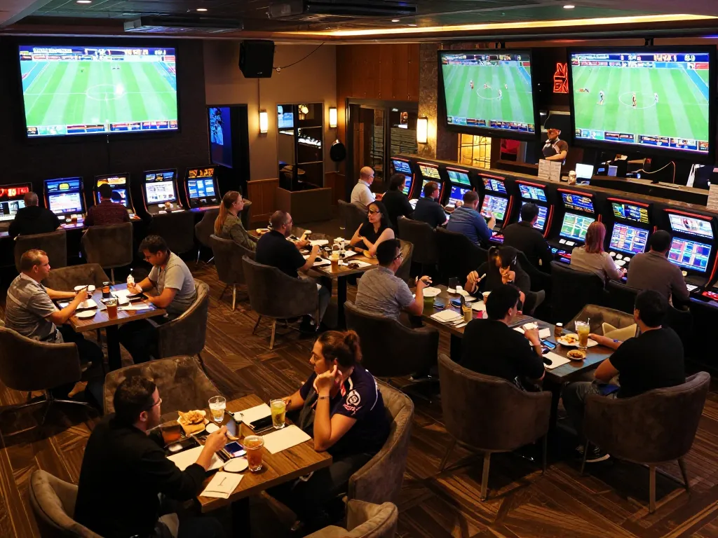 Betting on VK88 at a lively sports lounge, with multiple screens and engaged players