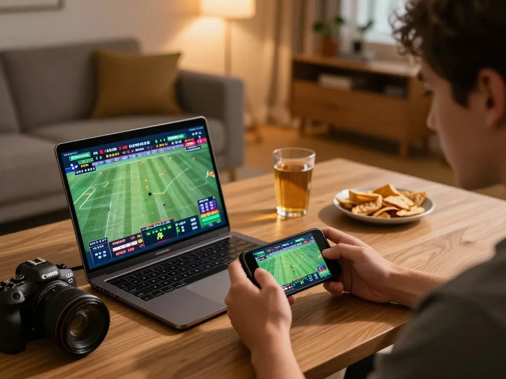 Engaged player using link w88 for sports betting on smartphone in cozy home setup.