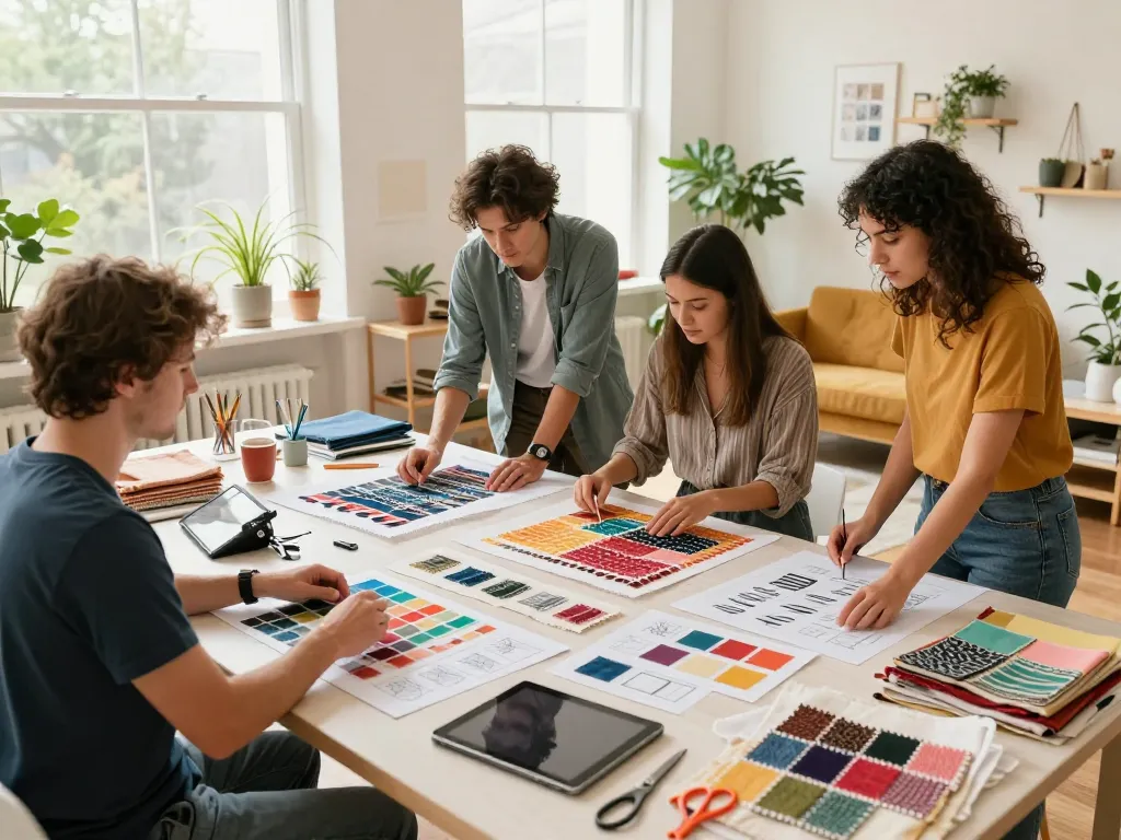 Sunwin textile designers innovating fabric patterns in a bright studio.
