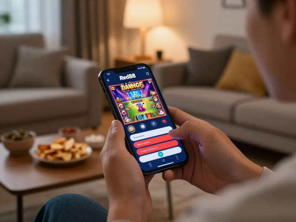 Engaging in Red88 đăng nhập on a smartphone in a cozy home setting, capturing the online gambling experience.