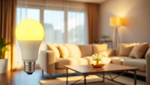 Showcasing led a19 bulb casting warm light in a modern living room for a cozy ambiance.