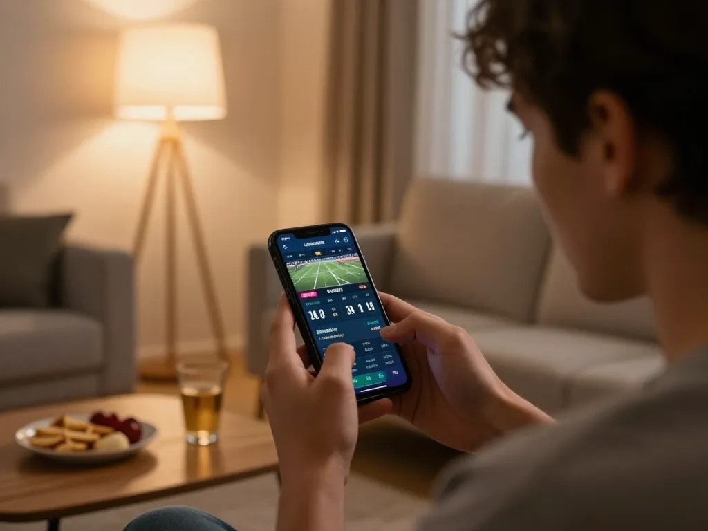 Engaged bettor on https://lc88se.com/ placing bets on live sports using smartphone with cozy home backdrop.