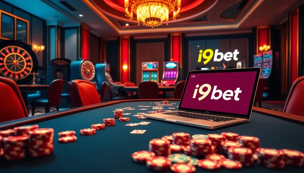 Experience the thrill of i9bet with an elegant casino scene showcasing vibrant gaming tables and thrilling action.