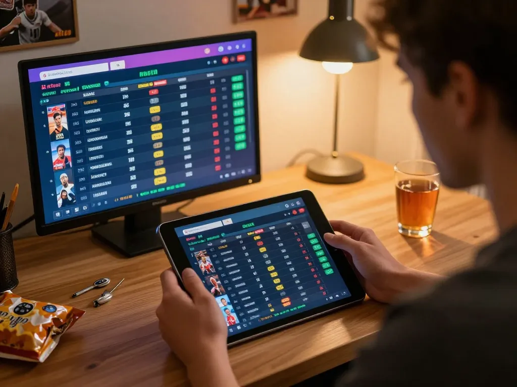 Xibet user engaging with online sports betting platform, analyzing live odds and matches in cozy home office