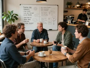 A community gathering for men at a café discussing support and well-being, reflecting the essence of manclub activities.