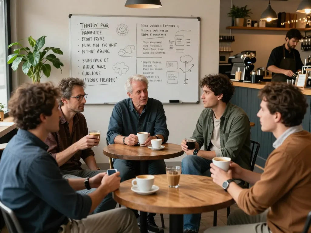 A community gathering for men at a café discussing support and well-being, reflecting the essence of manclub activities.