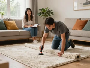 Home carpet fitting services in action with a professional installer transforming a cozy living room.