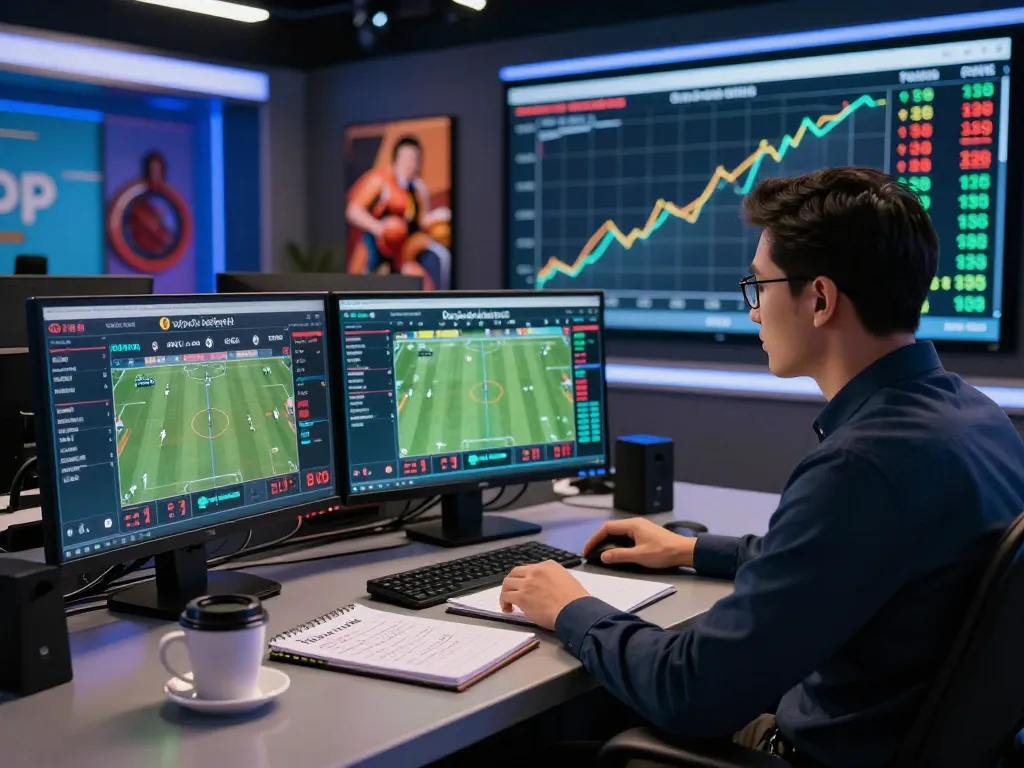 Tỷ lệ kèo nhà cái 5 displayed on screens in a dynamic sports analysis studio with an expert ready to share insights.
