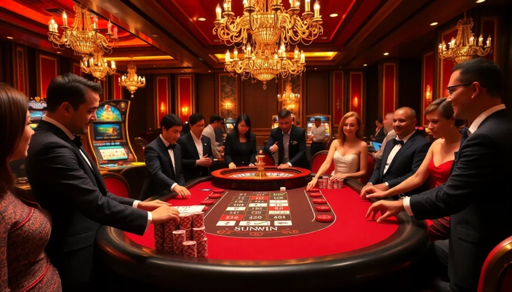 Players enjoying an exciting Sunwin gaming table experience at a glamorous casino.