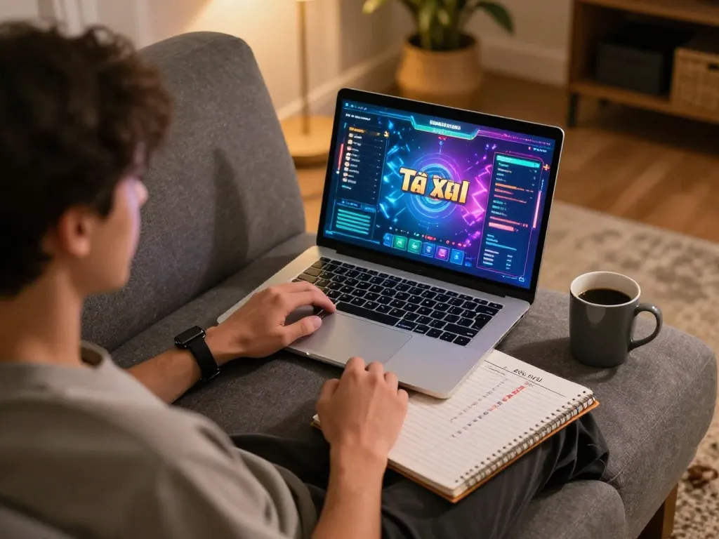 Engaging in tài xỉu online gaming on a laptop, surrounded by strategies and a cozy home setting.