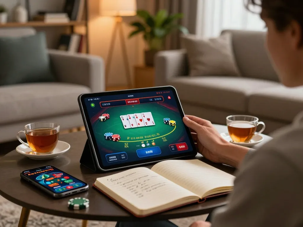 Engaging in online poker with sun win strategy notes on the coffee table.
