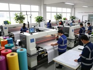 Sunwin textile manufacturing process showcasing skilled workers and advanced machinery in a vibrant factory.
