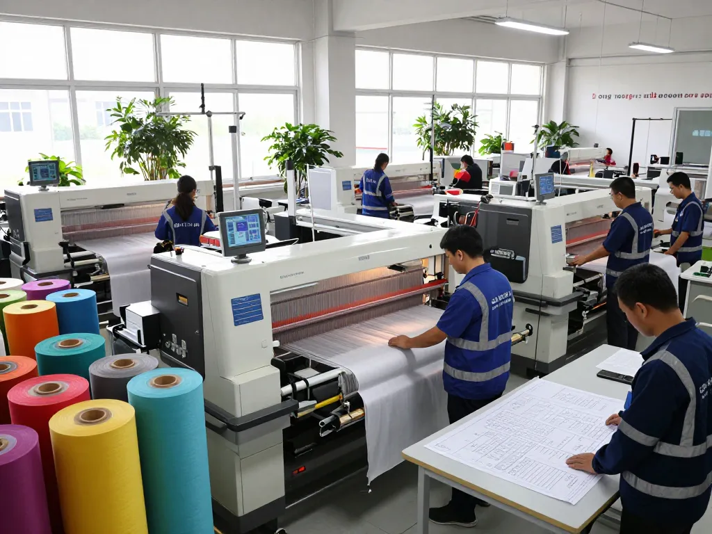Sunwin textile manufacturing process showcasing skilled workers and advanced machinery in a vibrant factory.
