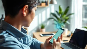 快连下载应用在现代安卓手机上的展示，置于一个专业的工作空间中。