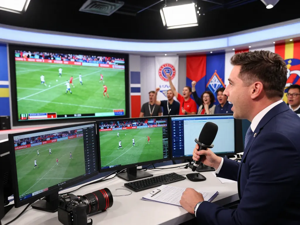 Okwintv dynamic sports commentary scene with passionate presenter analyzing live football highlights