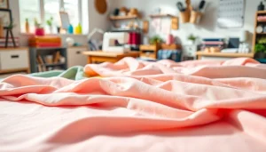 Uni katoen stof in verschillende kleuren ligt uitgestald op een tafel in een naaiatelier.