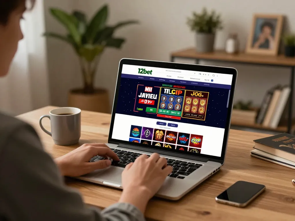 Engaging online casino experience at home with the 12bet link on screen, highlighting strategic gameplay.