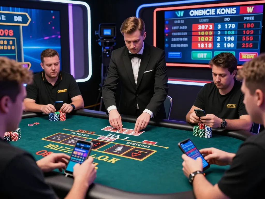 Players enjoying live casino games on Onbet.com with vibrant gaming atmosphere and professional dealer.